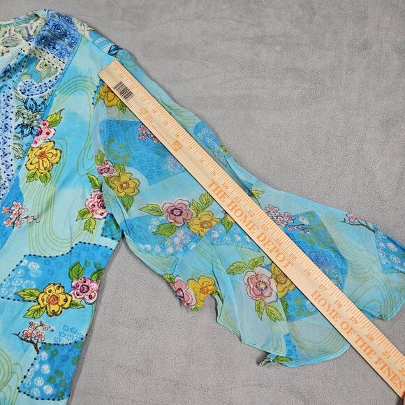 Ulla Popken Top Womens 20/22 Blue Art To Wear Beaded Patchwork Beachy Preppy - Picture 12 of 13